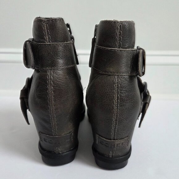 Sorel Joan of Arctic II Wedge Ankle Buckle Bootie Grey/Brown Leather Women 9.5 - Picture 3 of 7